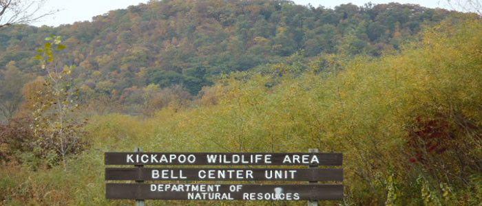 Kickapoo Wildlife Area Sign for Bell Center Unit